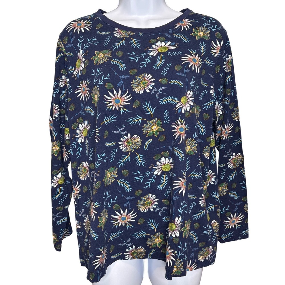 Lands End Womens Navy Blue Floral Long Sleeve Tee Sz 1XP‎ Flowy Comfy Casual